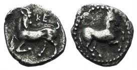 Cilicia, Kelenderis, c. 425-400. AR Obol (10mm, 0.69g, 3h). Horse prancing r. R/ Goat crouching l., looking backwards. SNG BnF 116; SNG von Aulock 564...