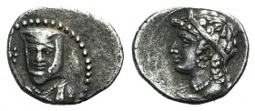 Cilicia, Uncertain, c. 4th century BC. AR Obol (12mm, 0.74g, 12h). Draped bust facing slightly l., wearing kyrbasia; star in l. field. R/ Draped bust ...