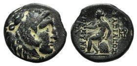 Seleukid Kings, Seleukos II (246-225 BC). Æ (16mm, 4.21g, 12h). Sardes, c. 246-242 BC. Head of Herakles r., wearing lion skin. R/ Apollo seated l. on ...