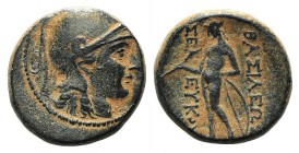Seleukid Kings, Seleukos II (246-225 BC). Æ (20mm, 8.47g, 12h). Sardes. Helmeted head of Athena r. R/ Apollo standing l., testing arrow and holding gr...