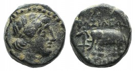 Seleucid kings, Antiochos III (222-187). Æ (10mm, 2.21g, 12h). Sardes, c. 222-187. Laureate head of Apollo r. R/ Elephant standing l., anchor to l. SC...