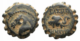 Seleukid Kings, Demetrios I (162-150 BC). Serrate Æ (15mm, 4.33g, 1h). Antioch. Head of horse l. R/ Head of elephant r. SC 1646; HGC 9, 833. Brown pat...