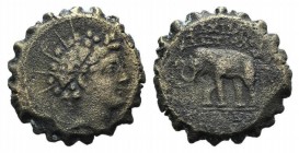 Seleukid Kings, Antiochos VI (144-142 BC). Serrate Æ (20mm, 6.59g, 12h). Antioch on the Orontes, 143-2. Radiate and diademed head of Antiochos r. R/ E...