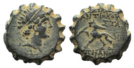 Seleukid Kings, Antiochos VI (144-142 BC). Serrate Æ (16mm, 3.44g, 12h). Antioch on the Orontes, mid 143(?)-c. 142 BC. Radiate and diademed head of An...