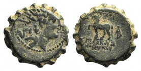 Seleukid Kings, Antiochos VI (144-142 BC). Serrate Æ (15mm, 3.50g, 11h). Ake-Ptolemaïs. Diademed and radiate head r. R/ Horse standing l., foreleg rai...