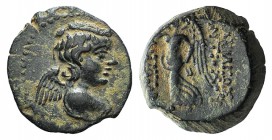 Seleukid Kings, Antiochos IX (114/3-95 BC). Æ (17mm, 5.88g, 12h). Uncertain mint, probably in Phoenicia, 112-101 BC. Winged bust of Eros r. R/ Nike ad...