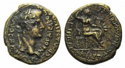 Gaius (Caligula, 37-41). Lydia, Philadelphia. Æ (21mm, 5.77g, 12h). Artemon Hermogenous, magistrate. Laureate head r. R/ Agrippina I as goddess seated...