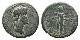 Claudius (41-54). Aeolis, Aegae. Æ (20mm, 5.28g, 12h). Apollodoros, magistrate. Laureate head r. R/ Apollo standing r., holding taenia and laurel bran...