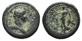 Nero (54-68). Ionia, Smyrna. Æ (18mm, 5.39g, 12h). AD 62-65. Laureate head r. R/ Poppaea, as Nike, standing l., holding wreath. RPC I 2486; Klose 27. ...