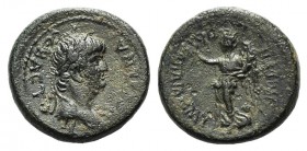 Nero (54-68). Ionia, Smyrna. Æ (16mm, 3.89g, 6h). AD 62-65. Laureate head r. R/ Poppaea, as Nike, standing l., holding wreath. RPC I 2486; Klose 27. G...