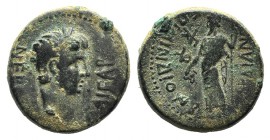 Nero (54-68). Lydia, Sardis. Æ (17mm, 5.34g, 1h). Mindo strategos, c. AD 60. Laureate head r. R? Dionysus standing l., holding kantharos and long thyr...