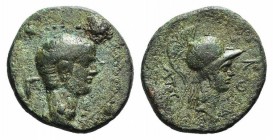 Nero (Caesar, 50-54). Pamphylia, Attalea. Æ (20mm, 4.52g, 6h). Bare head r.; Γ behind. R/ Helmeted head of Athena r. RPC I 3367; BMC 14. Rare, green p...