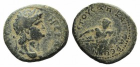 Nero (54-68). Cilicia, Anazarbus-Caesarea. Æ (20mm, 5.76g, 12h). Laureate head r.; c/m on neck: head r. R/ River-god swimming r. RPC I 4063 (two speci...