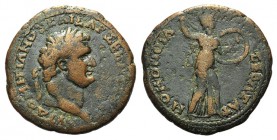 Domitian (81-96). Bithynia, Prusias ad Hypium(?). Æ (25mm, 7.94g, 6h). AVT ΔOMITIANOΣ KAIΣAP ΣEB[…], Laureate head r. R/ OMONOIA ΣEBAΣAT H, Athena sta...