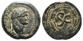 Domitian (81-96). Seleucis and Pieria, Antioch. Æ (32mm, 14.95g, 12h). AD 81-3. Laureate head r. R/ Large SC within laurel wreath. RPC II 2021; SNG Co...