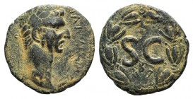 Nerva (96-98). Seleucis and Pieria, Antioch. Æ As (26mm, 10.76g, 11h). AD 97. Laureate head r. R/ Large SC; B below; all within wreath. McAlee 421b; R...
