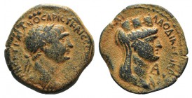 Trajan (98-117). Seleucis and Pieria, Laodicea ad Mare. Æ (26mm, 8.65g, 12h). Dated CY 162 (114/5). Laureate bust r., slight drapery. R/ Veiled and tu...