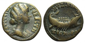 Faustina Junior (147-175). Mysia, Cyzicus. Æ (26mm, 10.23g, 12h). ΦAVCTEINA CEBACTH, Draped bust r. R/ KVZIKE[…] NEOKORΩN, Galley r. with rowers and s...