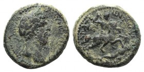 Lucius Verus (161-169). Cilicia, Syedra(?). Æ (23mm, 10.51g, 1h). A[…]AVP OVH[…], Laureate head r. R/ Emperor on horseback r., spearing fallen enemy. ...