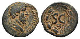 Lucius Verus (161-169). Seleucis and Pieria, Antioch. Æ (24mm, 8.98g, 12h). Laureate head r. R/ Large SC; retrograde R below; all within laurel wreath...