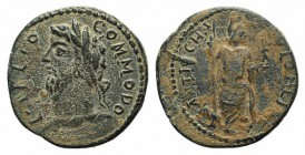 Commodus (177-192). Pisidia, Antioch. Æ (22mm, 5.17g, 7h). Laureate, draped and cuirassed bust l. R/ Mên standing r., with foot on bucranium, holding ...