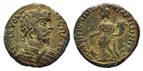 Septimius Severus (193-211). Phrygia, Peltae. Æ (21mm, 5.87g, 6h). Laureate and cuirassed bust r. R/ Tyche Soterios standing l., holding rudder and co...