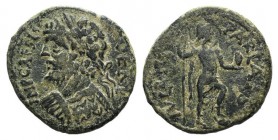 Septimius Severus (193-211). Pisidia, Parlais. Æ (22mm, 5.66g, 5h). Laureate and cuirassed bust l. R/ Mên standing r., with foot on bucranium, holding...