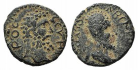 Septimius Severus with Abgar VIII (193-211). Mesopotamia, Edessa. Æ (13mm, 1.78g, 6h). Laureate head r. R/ Bust of Abgar r. wearing tiarra. BMC 35; cf...