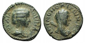 Julia Domna (Augusta, 193-217). Cilicia, Irenopolis-Neronias. Æ (18mm, 3.75g, 6h). Dated CY 161 (212/3). Draped bust r. R/ Veiled bust of Eirene-Nemes...