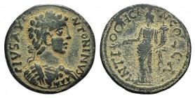 Caracalla (198-217). Pisidia, Antioch. Æ (22mm, 5.30g, 6h). Laureate, draped and cuirassed bust r. R/ Tyche standing l., holding branch and cornucopia...