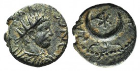 Caracalla (198-217). Mesopotamia, Carrhae. Æ (14mm, 2.89g, 6h). Radiate and cuirassed bust r. R/ Crescent with six-pointed star. Cf. BMC 14 (Radiate h...