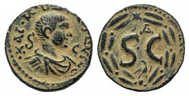 Diadumenian (Caesar, 217-218). Seleucis and Pieria, Antioch. Æ (19mm, 4.89g, 12h). Draped and cuirassed bust r.; S-C across field. R/ Large SC, above,...