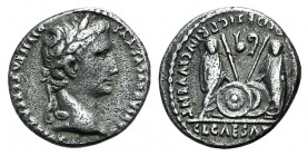 Augustus (27 BC-AD 14). AR Denarius (17mm, 3.65g, 3h). Lugdunum, 2 BC-AD 4. Laureate head r. R/ Caius and Lucius Caesars standing facing, holding shie...