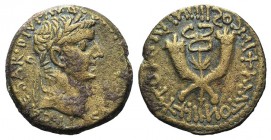 Tiberius (14-37). Æ Dupondius (28mm, 12.15g, 12h). Commagene, 19-20. Laureate head r. R/ Winged caduceus between two crossed cornucopias. RIC I 89; RP...