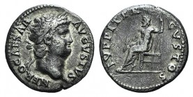 Nero (54-68). AR Denarius (17mm, 3.08g, 12h). Rome, 64-5. Laureate head r. R/ Jupiter seated l., holding thunderbolt and sceptre. RIC I 53; RSC 119. T...