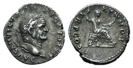Vespasian (69-79). AR Denarius (18mm, 3.18g, 12h). Rome, AD 74. Laureate head r. R/ Vespasian seated r., holding branch and sceptre. RIC II 702; RSC 3...