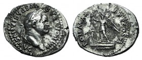 Vespasian (69-79). AR Denarius (18mm, 3.05g, 12h). “Judaea Capta” series. Rome, AD 75. Laureate head r. R/ Victory standing l. on prow, holding wreath...