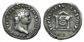 Titus (79-81). AR Denarius (18mm, 3.40g, 6h). Rome, 1 January-30 June AD 80. Laureate head r. R/ Pulvinar (throne) of Jupiter and Juno: square seat, d...