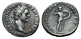 Domitian (81-96). AR Denarius (18mm, 3.46g, 6h). Rome, AD 87. Laureate head r. R/ Minerva standing r. with spear. RIC II 444; RSC 208. Toned, Good VF