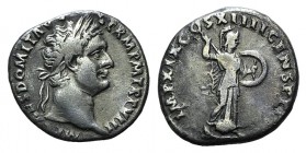 Domitian (81-96). AR Denarius (18mm, 3.13g, 7h). Rome, AD 88. Laureate head r. R/ Minerva standing r., holding shield and spear. RIC II 572; RSC 235. ...