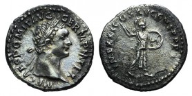 Domitian (81-96). AR Denarius (18mm, 3.10g, 6h). Rome, AD 91. Laureate head r. R/ Minerva advancing r. holding spear and shield. RIC II 719; RSC 265. ...