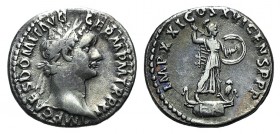 Domitian (81-96). AR Denarius (19mm, 3.45g, 6h). Rome, AD 92. Laureate head r. R/ Minerva standing r. on capital of rostral column, holding spear and ...