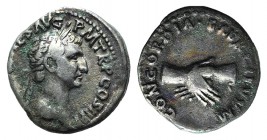 Nerva (96-98). AR Denarius (16mm, 2.96g, 12h). Rome, AD 96. Laureate head r. R/ Clasped hands. RIC II 2; RSC 16. Scarce, Fine