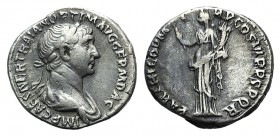 Trajan (98-117). AR Denarius (17mm, 3.36g, 6h). Rome, c. 116-7. Laureate and draped bust r. R/ Felicitas standing l., holding caduceus and cornucopia....