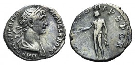 Trajan (98-117). AR Denarius (17mm, 3.12g, 6h). Rome, 114-7. Laureate and draped bust r. R/ Genius standing facing, nude, head l., holding patera in r...