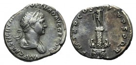 Trajan (98-117). AR Denarius (17mm, 3.30g, 7h). Rome, 114-7. Laureate and draped bust r. R/ Trajan's column. RIC II 356; RSC 284. Toned, irregular fla...