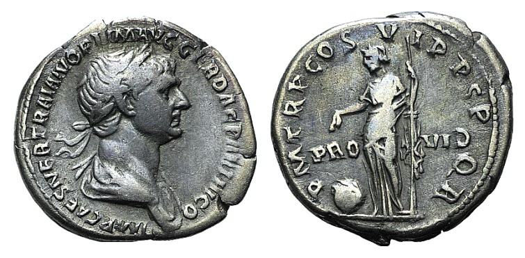 Trajan (98-117). AR Denarius (18mm, 3.25g, 6h). Rome, 116-7. Laureate and draped...