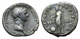 Trajan (98-117). AR Denarius (18mm, 3.25g, 6h). Rome, 116-7. Laureate and draped bust r. R/ Providentia standing l., holding sceptre and pointing r. h...