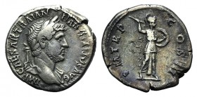 Hadrian (117-138). AR Denarius (18mm, 3.41g, 6h). Rome, 119-125. Laureate and draped bust r. R/ Minerva advancing r., brandishing spear with her r. ha...