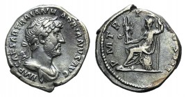 Hadrian (117-138). AR Denarius (17mm, 3.47g, 6h). Rome, c. 119-125. Laureate and draped bust r. R/ Roma seated l. on cuirass, holding Victory and spea...